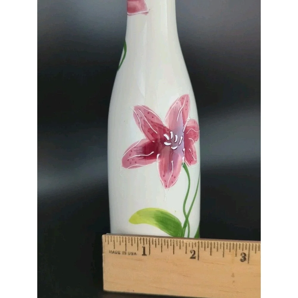 Hand Painted Porcelain Lilies Bottle Vase Handcrafted 7in Floral 1980s USA